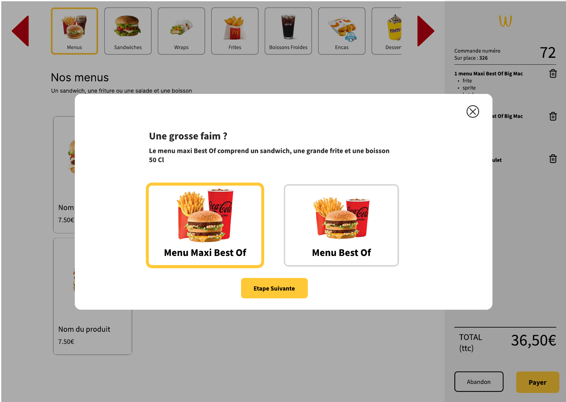 Modale taille menu